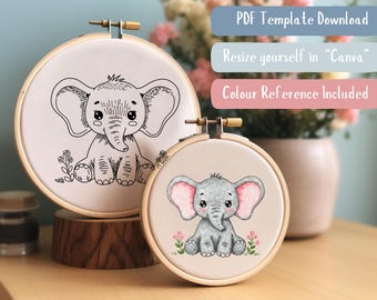 Cute Elephant Hand Embroidery Pattern. Elephant Nursery Hoop Template. Elephant Thread Painting Design. Instant Digital Download PDF.