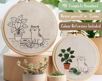 Chat mignon avec des livres Motif de broderie à la main. Modèle de cerceau pour chat pour débutant. Conception de peinture de fil de plantes d'intérieur. Téléchargement numérique instantané au format PDF.