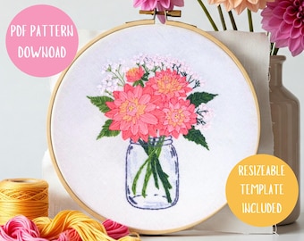 Dahlia Hand Embroidery Pattern. Dahlias Flowers in Jar Hoop Template. Floral Thread Painting Design. Instant Digital Download PDF.
