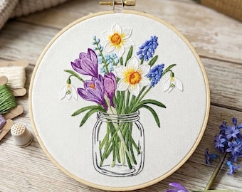 Motif de broderie fleurs printanières. Modèle de couture à la main pour pot Mason de fleurs sauvages