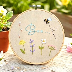 Beginners Spring Sampler Hand Embroidery Tutorial | Learn 16 Basic Stitches | Bee & Flowers Embroidery Pattern | Instant Download PDF.