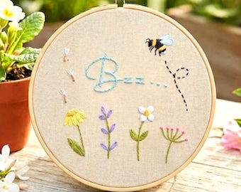 Beginners Spring Sampler Hand Embroidery Tutorial | Learn 16 Basic Stitches | Bee & Flowers Embroidery Pattern | Instant Download PDF.