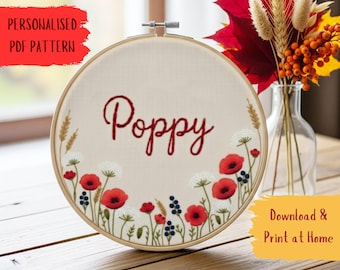 Personalized Name Embroidery Pattern: Floral Poppy Design (Digital Download PDF Template)
