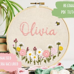 Custom Name Embroidery Pattern: Wildflower Bee Hoop (PDF Tutorial)