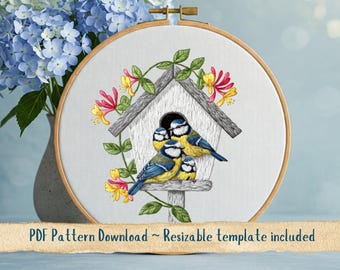 Blue Tits & Honeysuckle Hand Embroidery Pattern. Birds Hoop Template. Blue Birds Thread Painting Design. Instant Digital Download PDF.