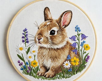 Easter Bunny Hand Embroidery Pattern. Rabbit & Wildflower Hoop Template.