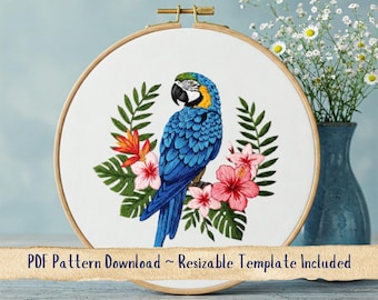 Maccaw Parrot Hand Embroidery Pattern. Exotic Bird Hoop Template. Tropical Parrot Thread Painting Design. Instant Digital Download PDF.