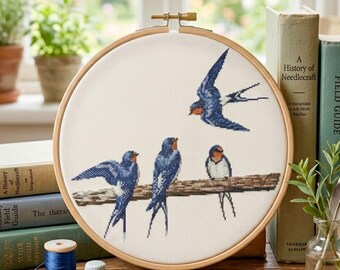 Swallows Cross Stitch Pattern PDF. Easy Beginner stitching template. Instant Digital Download