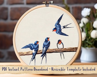 Swallows Hand Embroidery Pattern. Flying Birds Hoop Template. Fledgling Swallows Thread Painting Design. Instant Digital Download PDF.