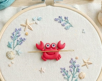 Crab Needle Minder: Handmade Polymer Clay Magnetic Keeper. Embroidery & Cross Stitch Gift