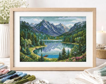 Motif de point de croix reflet du lac de la montagne, paysage forestier, PDF pour débutant (téléchargement numérique)