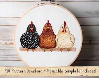 Three Wise Hens Embroidery Pattern, Chicken Trio Hoop Art, Hen Template