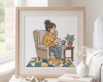 Modèle de couture fille et chat au point de croix. Modèle de couture facile pour débutant. Téléchargement numérique instantané