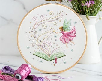 Fairy & Book Hand Embroidery Pattern, Magical Design (Digital Download PDF)