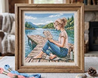 Fille lisant au bord du lac, motif point de croix. Modèle facile pour débutant. Téléchargement numérique instantané