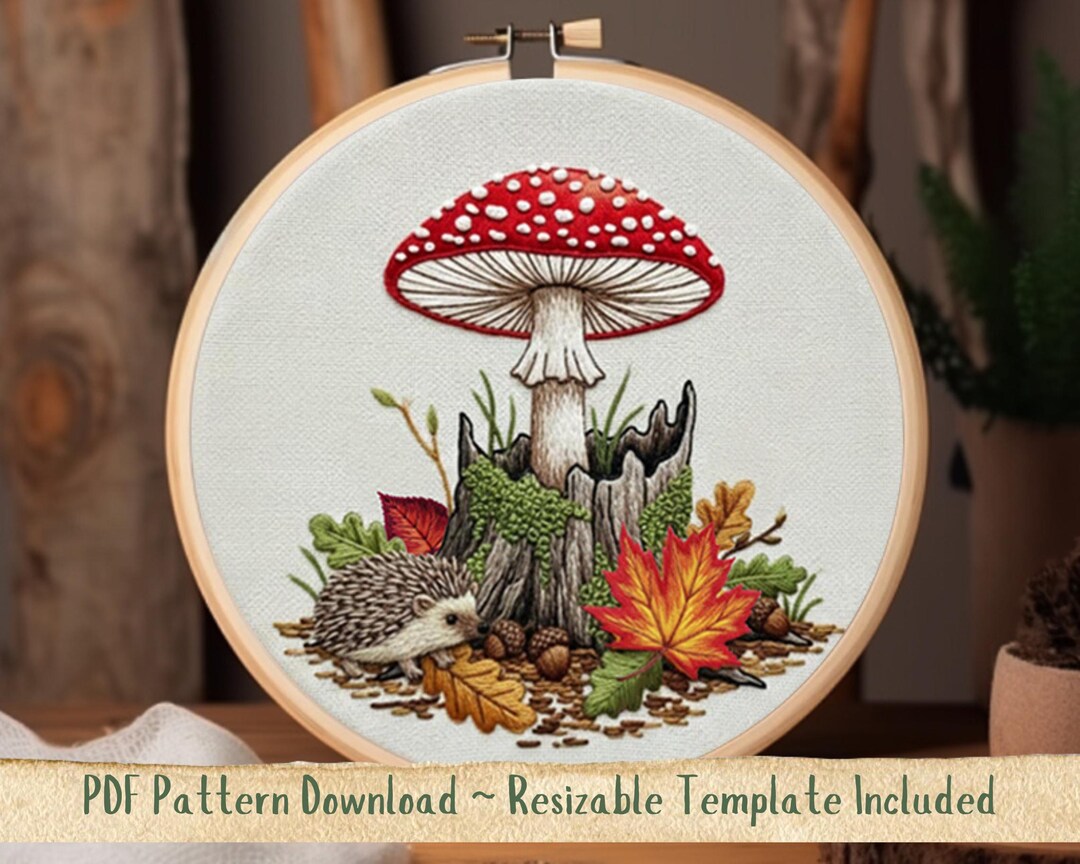 Embroidered Toadstools Toadstool & Hedgehog Hand Embroidery Pattern. Toadstool Hedgehog ...