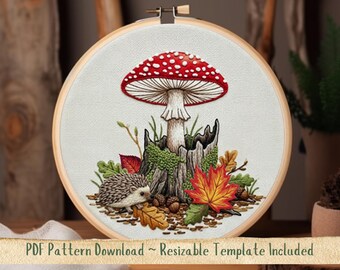 Toadstool & Hedgehog Hand Embroidery Pattern. Toadstool Hedgehog Embroidery Template. Forest Hoop Design. Instant Digital Download PDF.