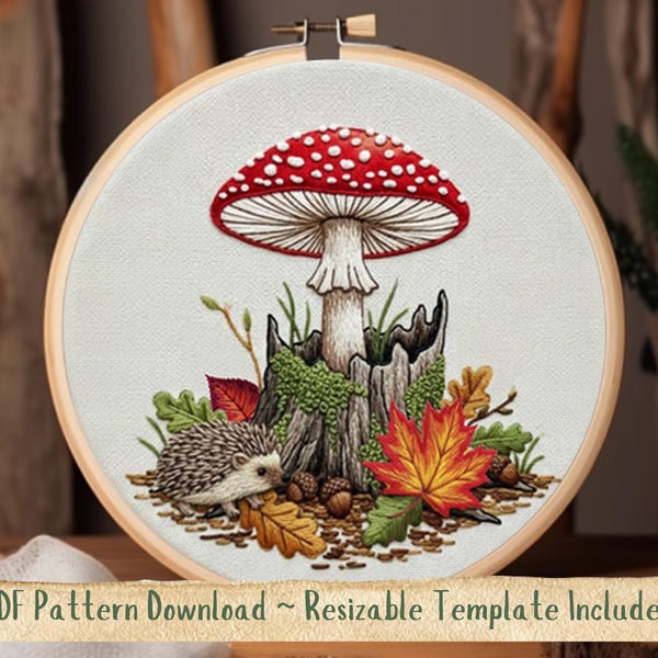 Toadstool & Hedgehog Hand Embroidery Pattern. Toadstool Hedgehog Embroidery Template. Forest Hoop Design. Instant Digital Download PDF.