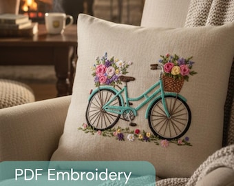 Bike & Flowers Hand Embroidery Pattern. Bicycle Hoop Template. Floral Bike Basket Thread Painting Design. Instant Digital Download PDF.