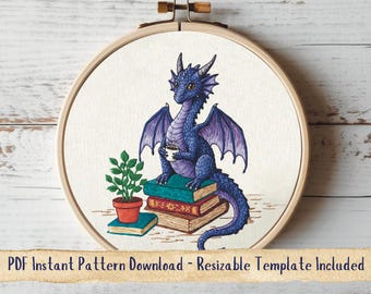 Motif de broderie dragon et livres : cerceau fantaisie (téléchargement numérique)