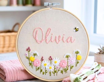 Beginner Embroidery Name Pattern. Custom Hand Stitching Template. Birth Announcement Design