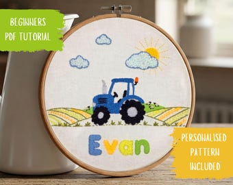 Nom personnalisé, motif de cerceau personnalisé pour garçons et filles. Nom personnalisé brodé à la main. Tutorial, couture à la main pour tracteur, téléchargement numérique au format PDF