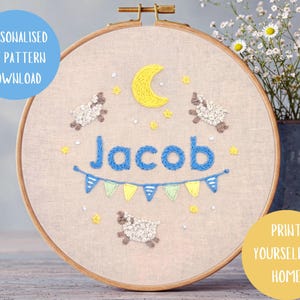 Baby Name Embroidery Hoop, Personalised Hand Embroidery Pattern. Custom Boys name Embroidery. PDF Download. Sheep Embroidery Pattern.