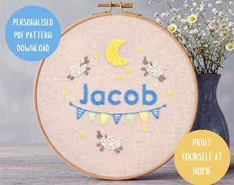 Baby Name Embroidery Hoop: Sheep, Moon, Stars (PDF Download)