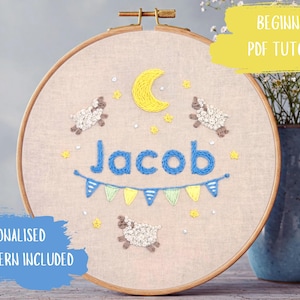 Personalized Name Embroidery Hoop Pattern: Sheep, Moon, Stars (PDF Tutorial)