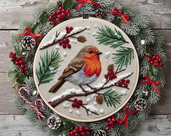 Christmas Robin Hand Embroidery Pattern. Red Robin Hoop Template. Xmas Robin Thread Painting Design. Instant Digital Download PDF.