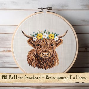 Highland Cow Embroidery Pattern, Floral Crown, Hairy Cow hand embroidery template. Digital Download, Cute Cow, DIY Hoop Art, Instant PDF