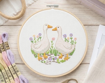 Runner Ducks Cross Stitch Pattern. Easy Beginner stitching template. Instant Digital Download