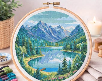 Mountain Lake Reflection Cross Stitch Pattern, Forest Landscape, Beginner PDF (Digital Download)