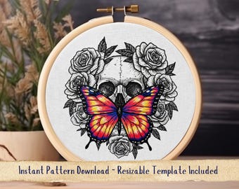 Motif de broderie papillon et tête de mort à la main. Modèle de cerceau crâne en sucre. Conception de peinture de fil de papillon. Téléchargement numérique instantané au format PDF.