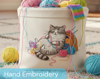 Joli motif de broderie à la main avec chat et fil. Modèle de cerceau à tricoter chat. Conception de peinture de chat et de fil de laine. Téléchargement numérique instantané au format PDF.
