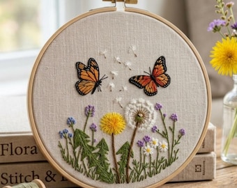 Butterfly & Dandelion Hand Embroidery Pattern. Wildflower Hoop Template. Floral Thread Painting Design. Instant Digital Download PDF.