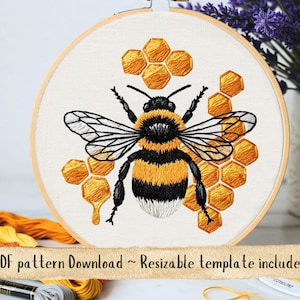 Bee embroidery pattern. Bumble bee hand embroidery template. Bee and honey hoop embroidery pattern. Digital download. Thread painting