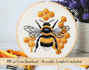 Bee & Honeycomb Hand Embroidery Pattern. Bumblebee Hoop Template. Honey Bee Thread Embroidery Tutorial. Bee Design Instant Download PDF.