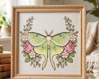 Motif de point de croix vintage Luna Moth. Modèle floral facile pour débutant. Téléchargement numérique instantané