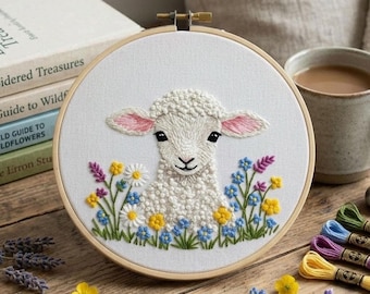 Easter Lamb Hand Embroidery Pattern | Fluffy Sheep Hoop Template | Wildflower Floral Design | Instant Download