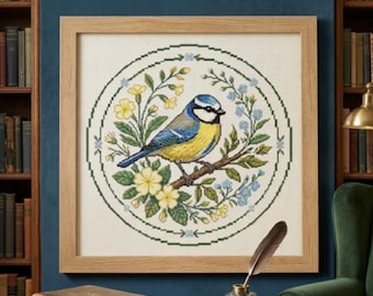 Modèle de point de croix mésange bleue et fleurs printanières. Modèle d'oiseau facile pour débutant. 25 couleurs. Téléchargement numérique instantané.