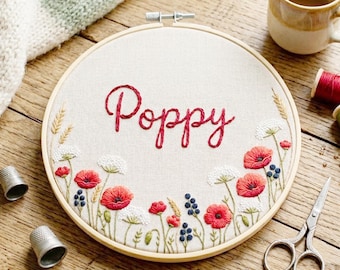 Girls Custom Name Personalised Hoop Pattern. Customised Hand Embroidery Name. Poppy Wildflower hand stitching template. Digital Download PDF