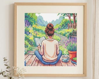 Fille lisant dans le jardin, motif point de croix. Modèle facile pour débutant. Téléchargement numérique instantané