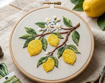 Lemon Branch Embroidery Pattern – Botanical Hand Stitch Design (Digital Download)