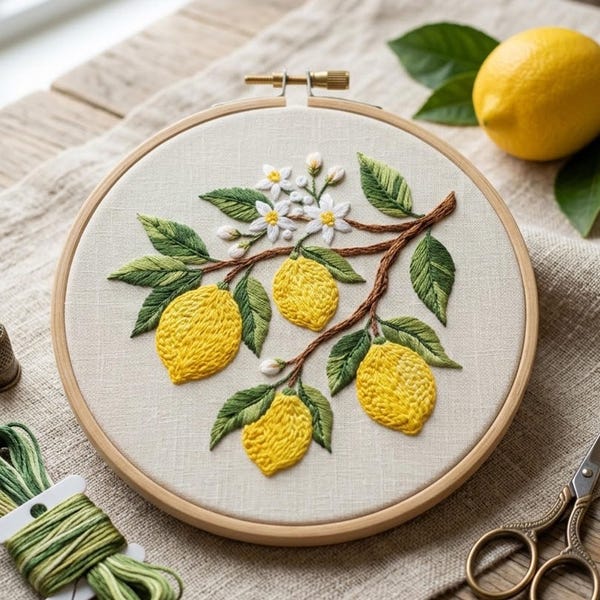 Stickmuster 'Zitronen Baum Blüte' | Botanische Stickkunst | Citrus Nadelspitze Vorlage | Stickanleitung