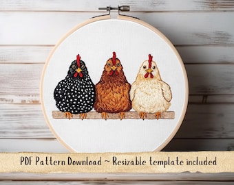 Three Wise Hens Embroidery Pattern: Farmhouse Chicken Design (PDF Download)