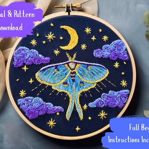 Luna Moth Embroidery Tutorial. Luna Moth Hand Embroidery Pattern. Celestial Moon and Stars Embroidery Pattern. PDF tutorial Instant Download