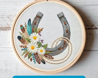 Horseshoe Embroidery Pattern, Western Floral Feather Design (PDF Download)