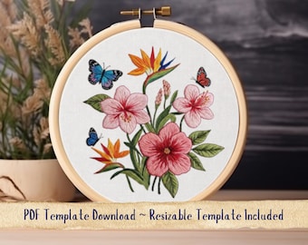 Tropical Butterfly Hand Embroidery Pattern. Butterflies Hoop Template. Floral Thread Painting Design. Instant Digital Download PDF.