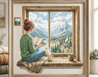 Fille lisant par la fenêtre, motif point de croix. Modèle facile pour débutant. Téléchargement numérique instantané